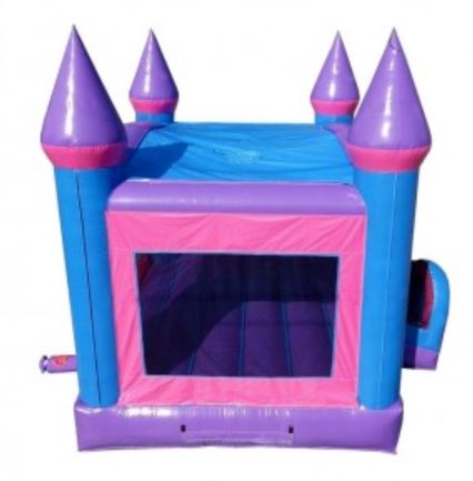 The pink and purple bounce house rental offers large side windows with finger-safe mesh netting.